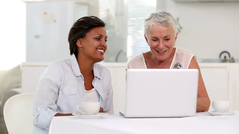 two mature women looking at laptop