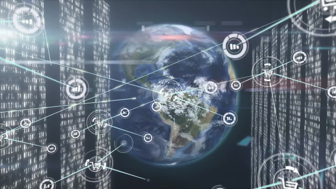 Animation of globe, computer servers with icons and network of connections