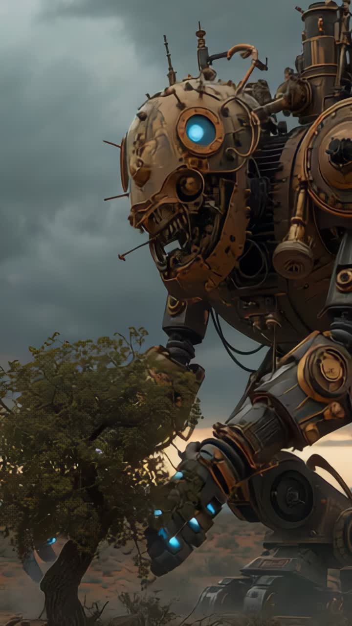 Vertical video: Following servo clicking, steampunk robot leaning forward inspecting savannah tree