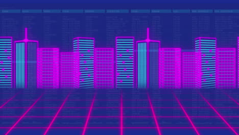 animación del procesamiento de datos sobre el paisaje urbano sobre fondo azul