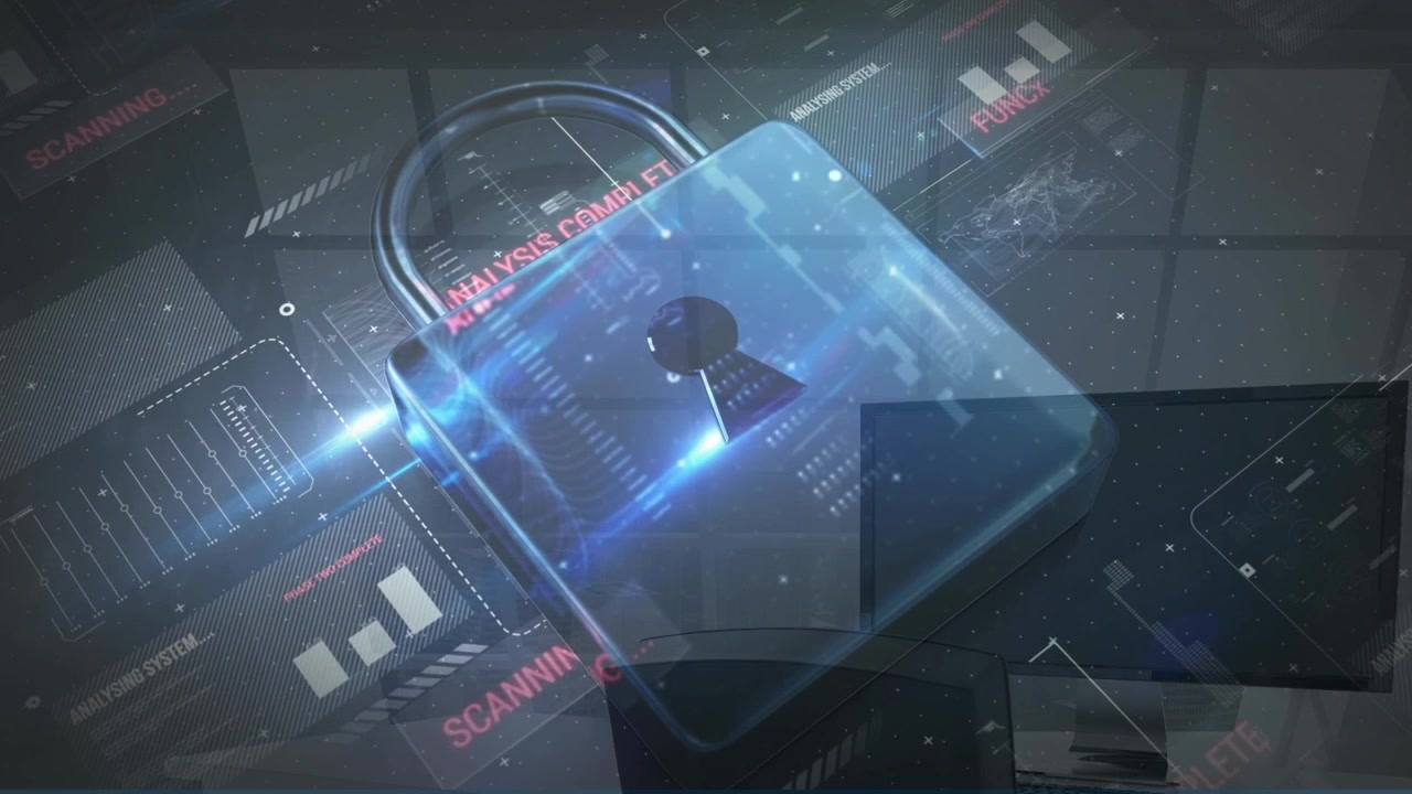 Animation of digital padlock and data processing over computers in office