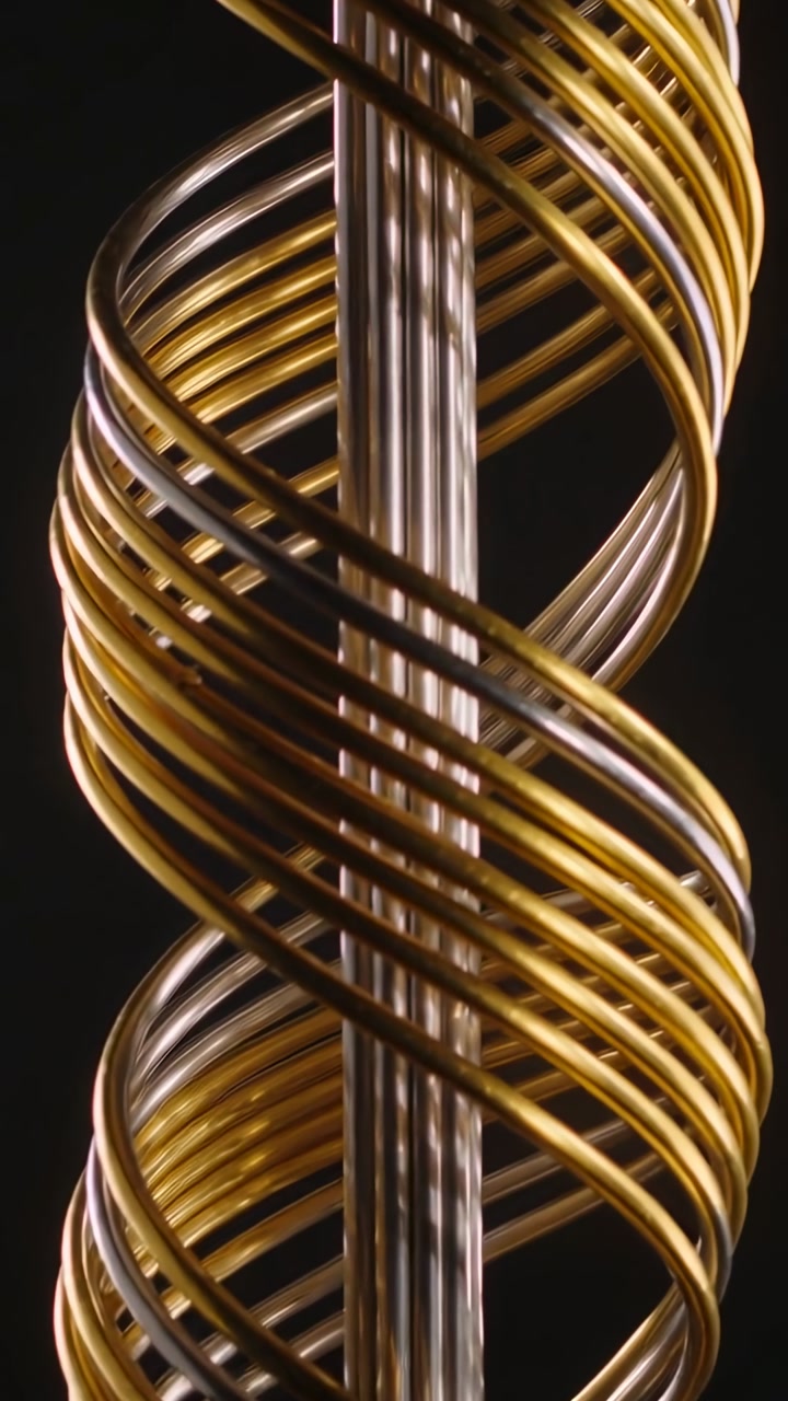 Vertical video: Panning camera showing helix in studio to show rod and gold silver wires with shine