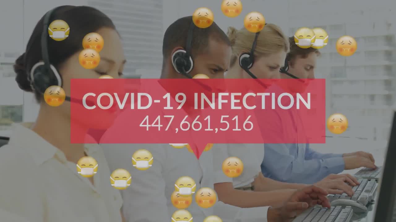 전화 헤드 ⁇ 을 착용 한 사업가 들 위 에 얼굴 마스크 를 착용 한 아픈 이모지 의 애니메이션