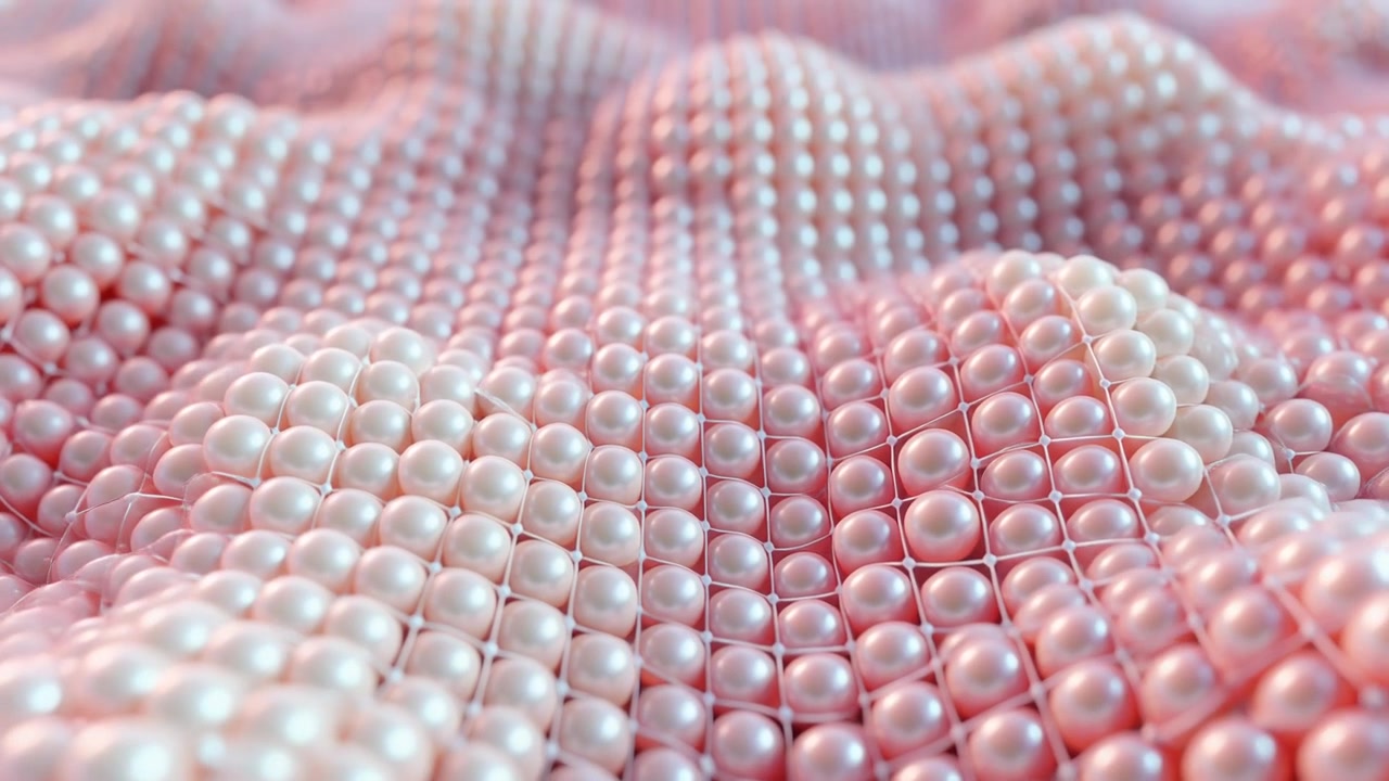 Animación 3D abstracta de esferas rosadas onduladas en una cuadrícula