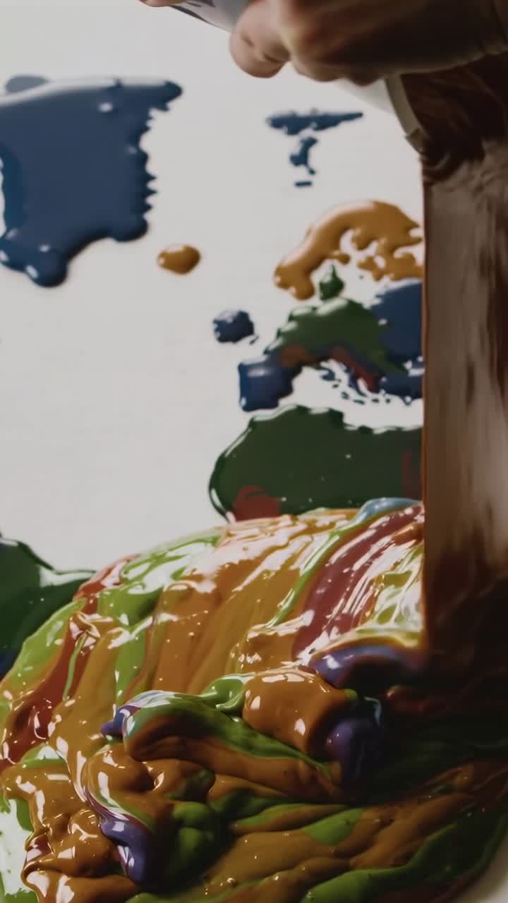 Video verticale: Braccio nudo che versa inclinando una tazza, creando una macchia marmorizzata su una tela con continenti.