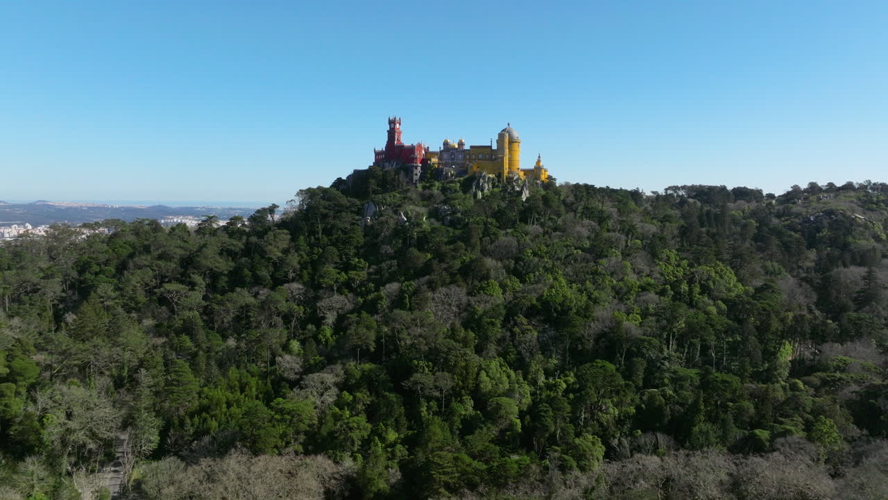 Majestic palace of Pena drone view Sintra