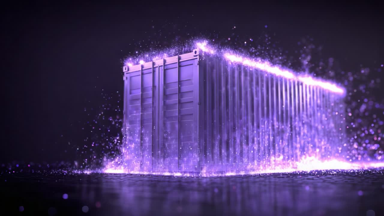 Shipping container dematerializing into a glowing cloud of purple particles, representing concepts like digital transformation, data transfer, modern logistics, and technological innovation