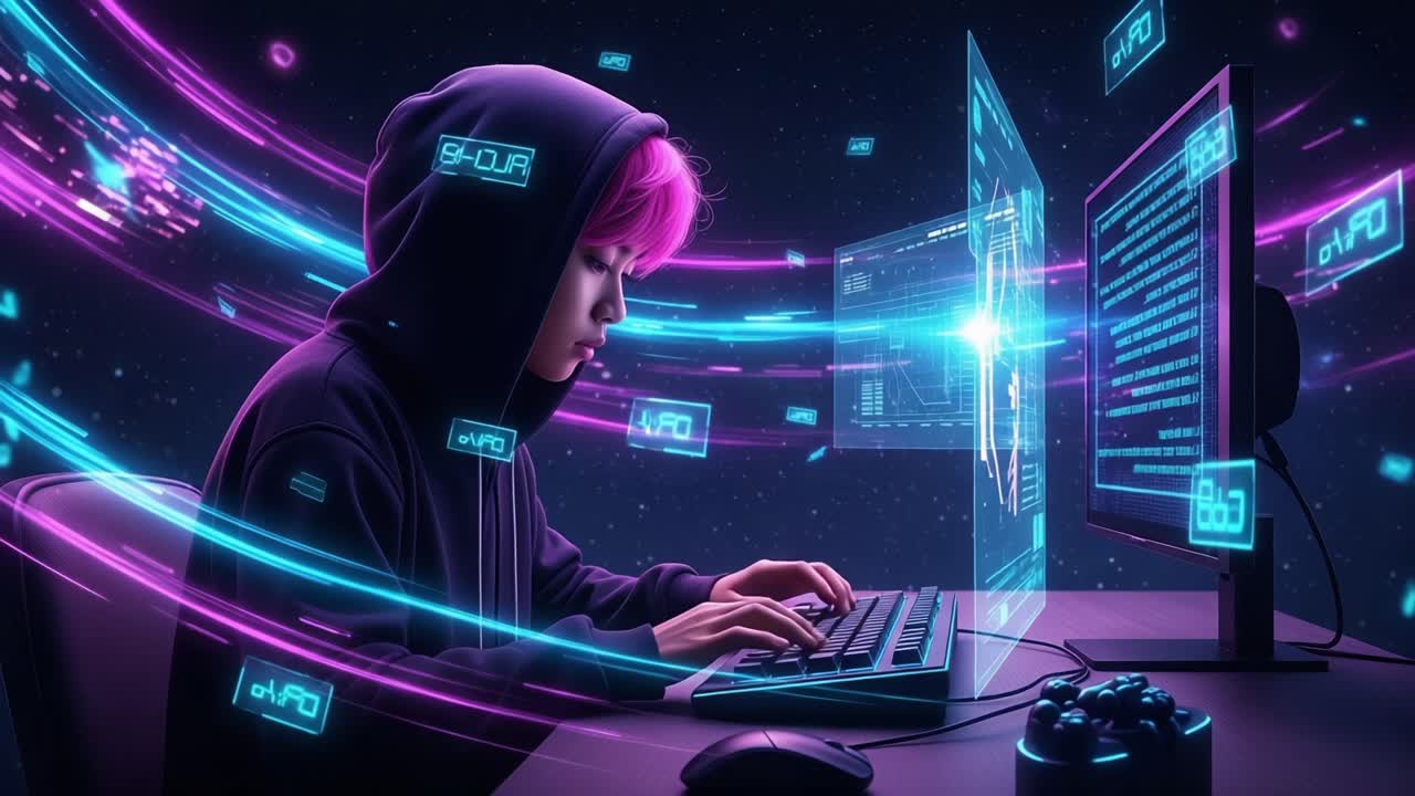 An Enthusiastic Gamer Engaged in a Virtual Adventure Surrounded by Glowing Data Streams and High-Tech Set-Up of Multiple Computers in a Futuristic Environment