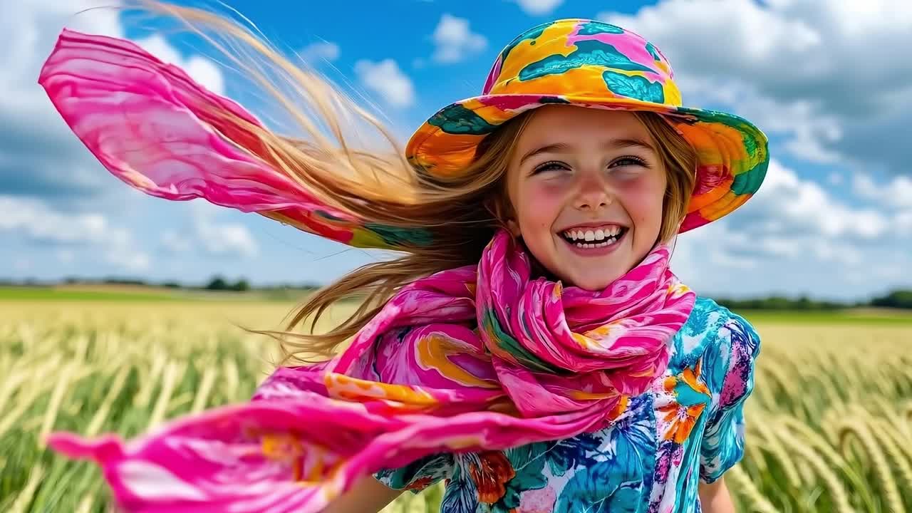 Mladá dívka v barevném klobouku a šále na poli
