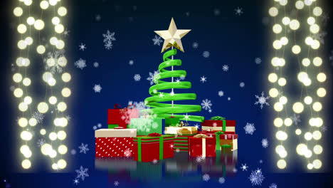 Animation-of-christmas-tree,-presents,-lights-and-falling-snow-on-navy-background