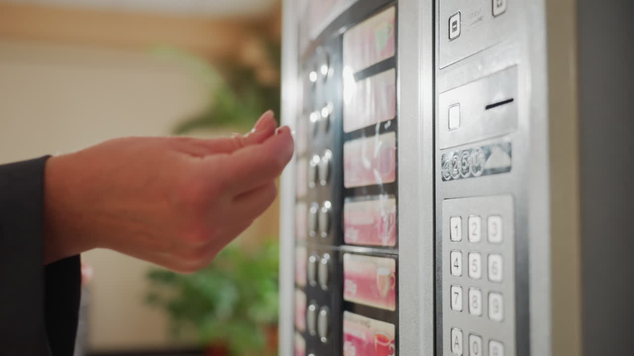 Close-up shot of businesswoman's hand placing coins into vending machine at office, preparing to purchase snack, focused on details in corporate environment, workday break captured on camera