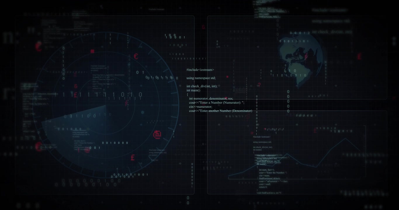 Circular radar visualization being animated over layered binary streams in dark HUD style interface