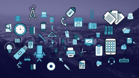 office object icons moving over landscape