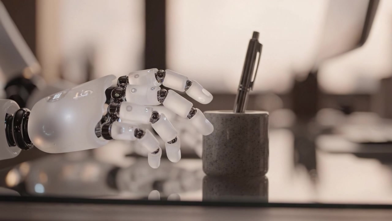 A robotic hand rests beside a pen holder on a sleek desk, capturing the fusion of technology and daily life in a modern workspace environment.