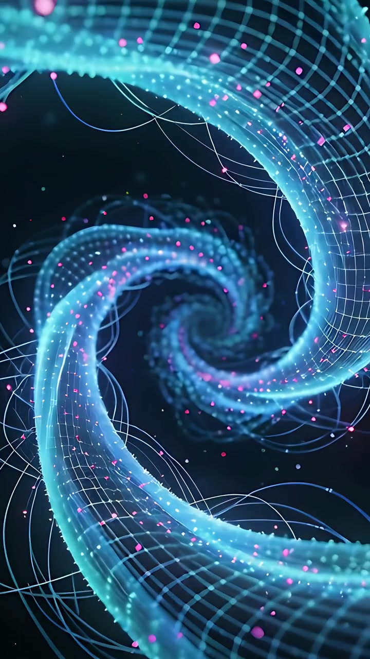 Vertical video: Spiraling tube ribbons starting in void, pulling magenta cyan particles into vortex