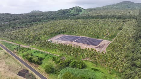 project renewable power energy in taveuni island, fiji. solar plant in palm tree plantation. aerial drone