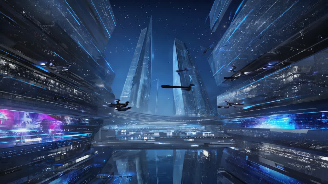 Futuristic cityscape with flying drones