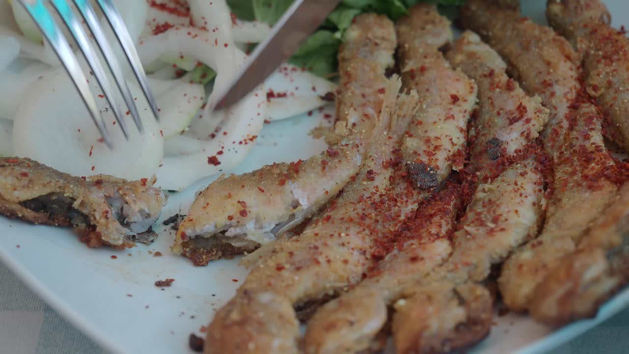Fried fish with onion and salad