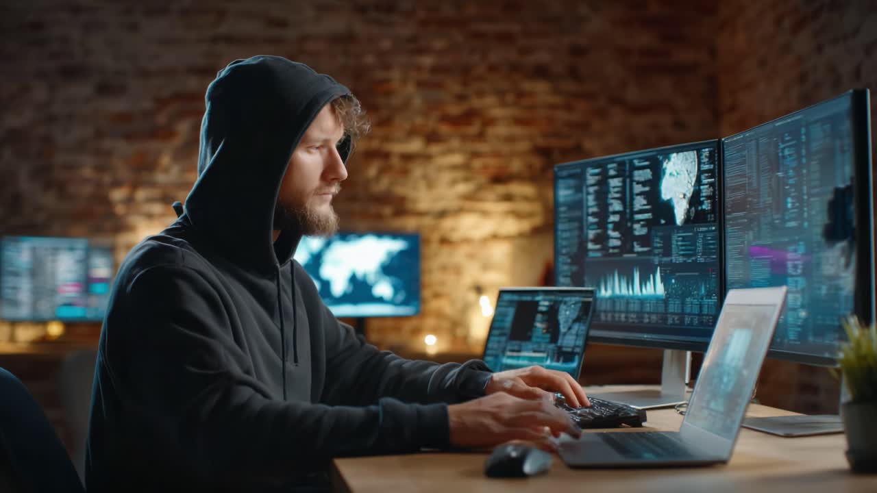 Focused Cybersecurity Specialist Analyzing Data on Multiple Monitors in a Dimly Lit Room, Engaged in Complex Digital Analysis and Problem Solving for Cyber Threats