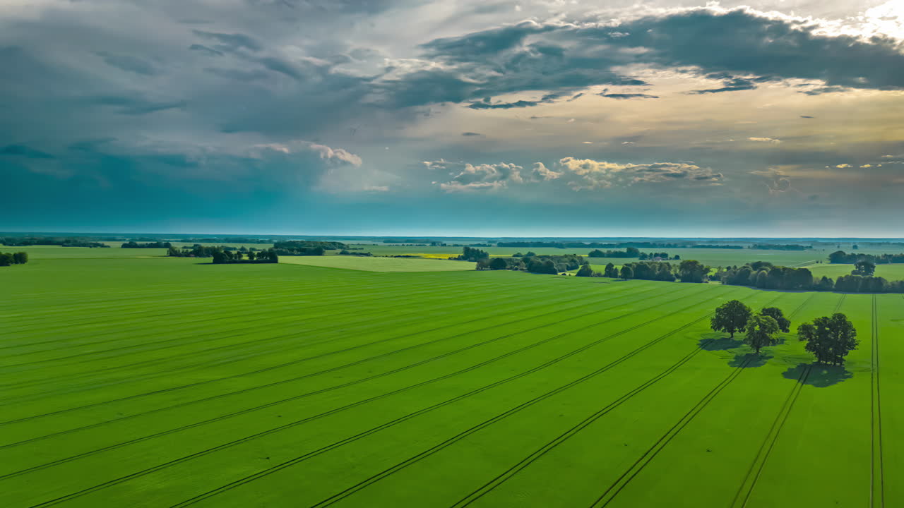 пушистые облака над зелеными сельскохозяйственными угодьями весной