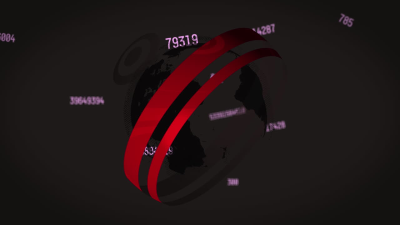 Animation of multiple changing numbers over spinning globe against grey background