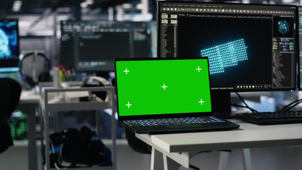 Close Up Of Mockup Laptop In Server Room Where Worker Uses Ai