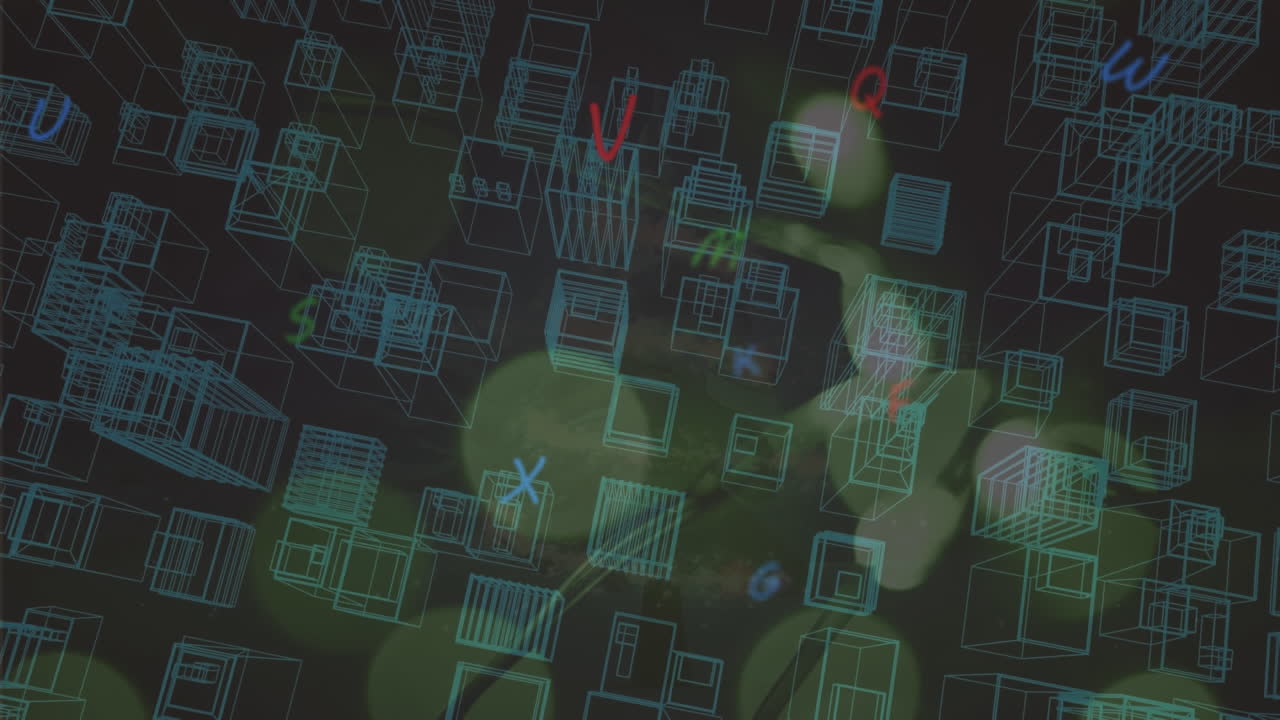 animación de letras coloridas volando sobre el paisaje urbano