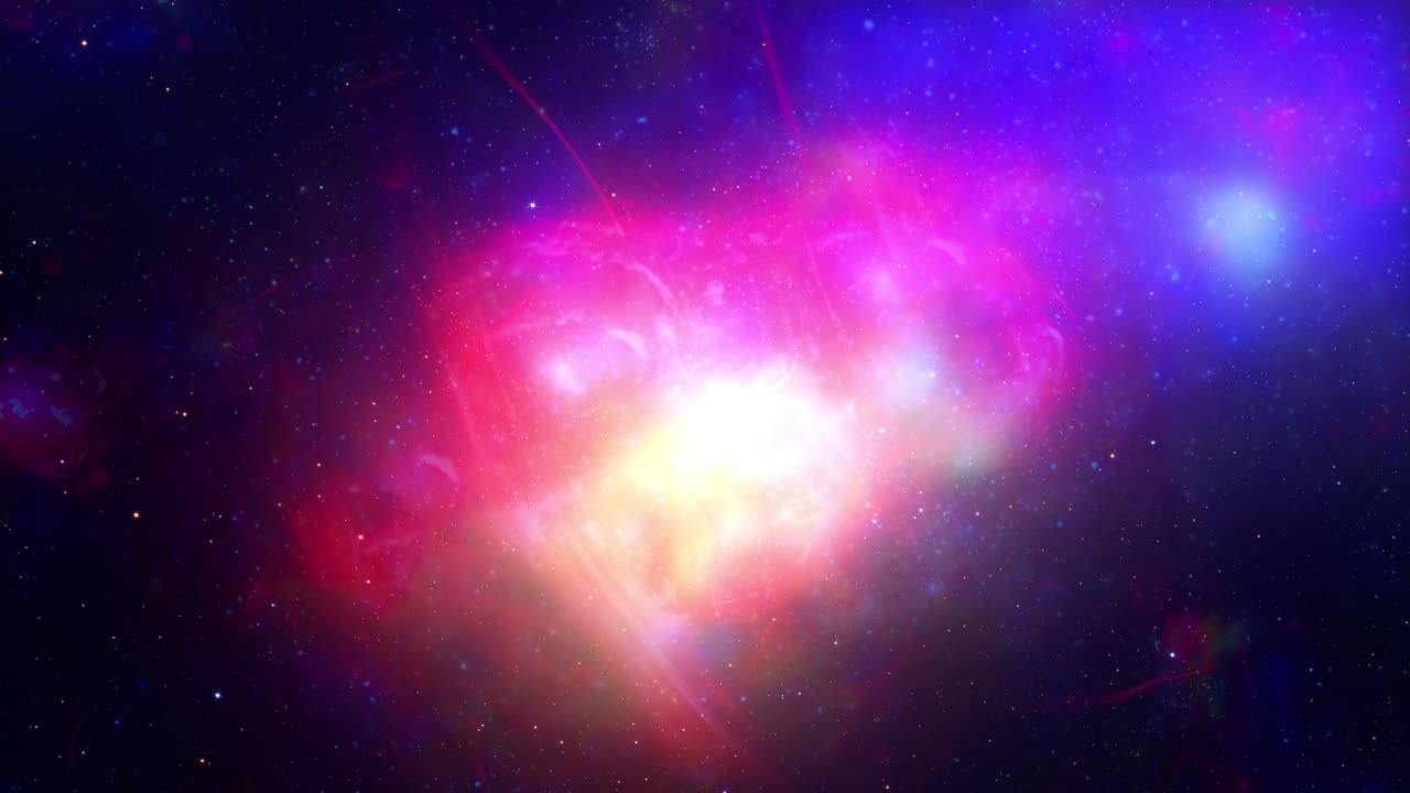 exploración de galaxias de bucle sin fisuras a través del espacio exterior hacia una brillante galaxia de brillo colorido. animación de bucle 4k de volar a través de coloridas nebulosas, nubes y estrellas.