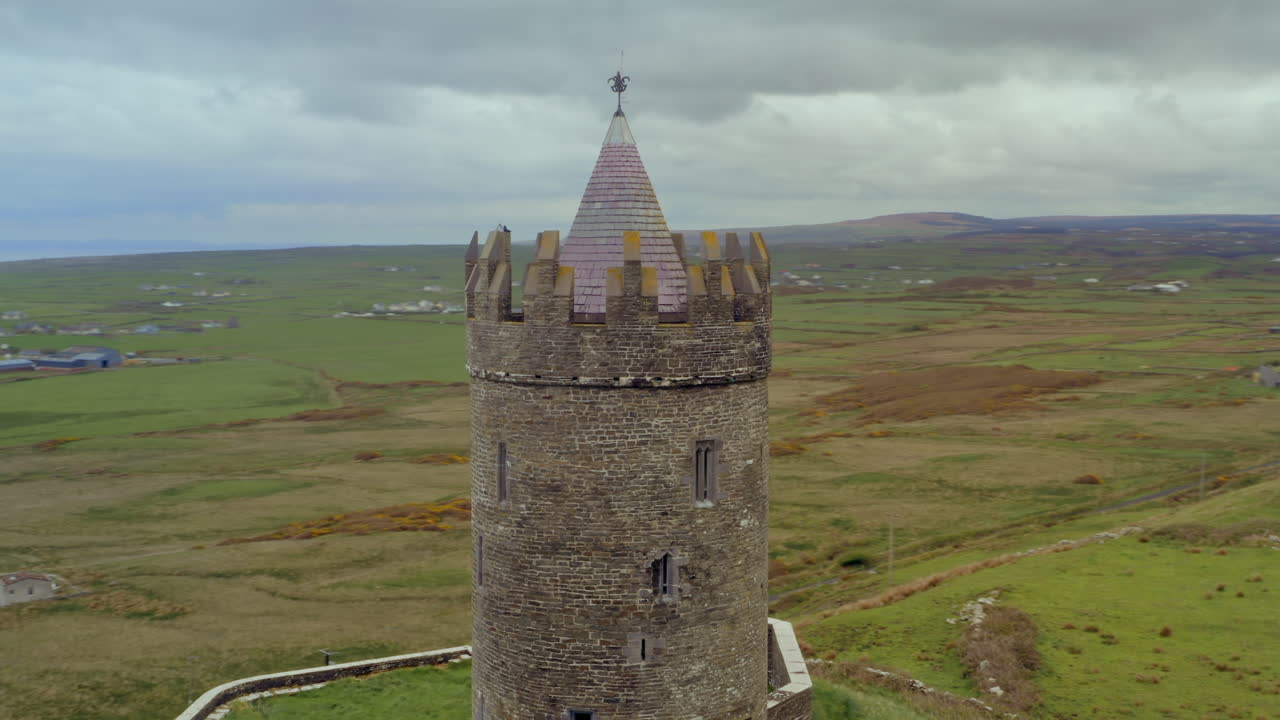 Aerial orbit of Doonagore Castle. 16th-century tower house. Doolin, Ireland