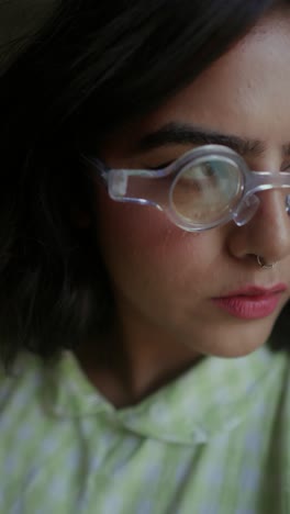 young woman in artistic glasses looking away with soft light on her face