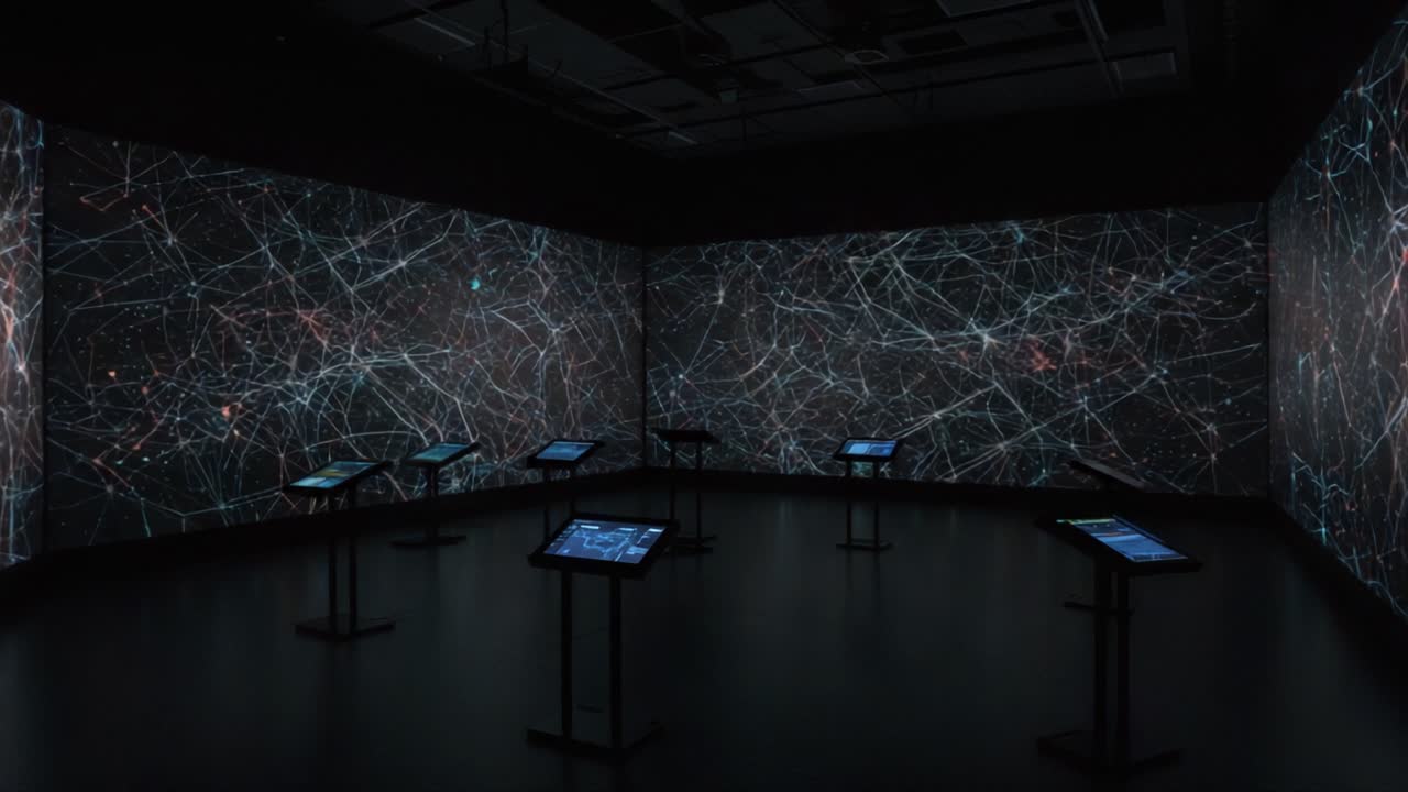 An Immersive Experience: A Futuristic Visualization of Interconnected Networks in a Darkened Space Featuring Interactive Digital Displays