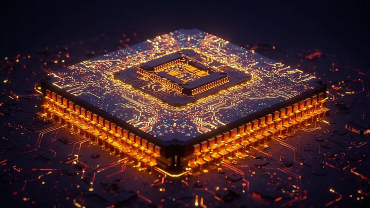 Futuristic Computer Processor with Glowing Circuitry and Intricate Designs, Showcasing Advanced Technology in a Dark Setting