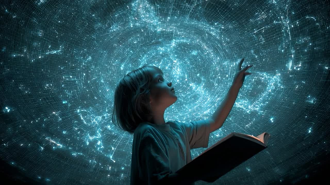 Ребенок, изучающий вселенную с книгой под звездным небом