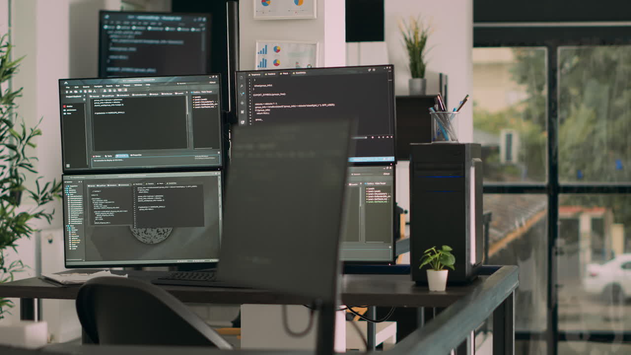 Computer screens on desk running programming code data algorithms