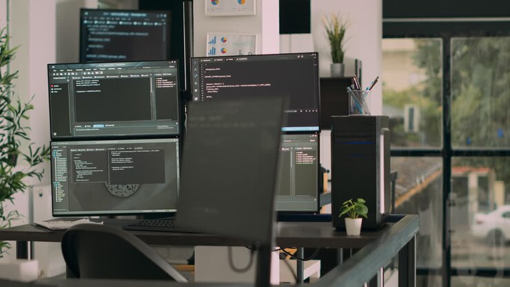 Computer screens on desk running programming code data algorithms