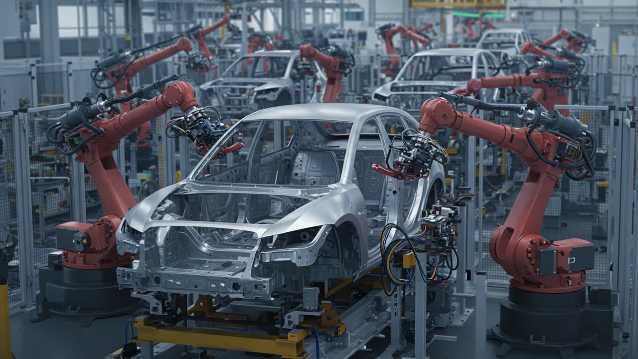 Automated Assembly Line: A High-Tech Facility with Robotic Arms Efficiently Constructing Vehicle Frameworks in a Modern Manufacturing Environment