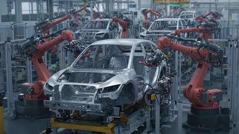 automated assembly line: a high-tech facility with robotic arms efficiently constructing vehicle frameworks in a modern manufacturing environment