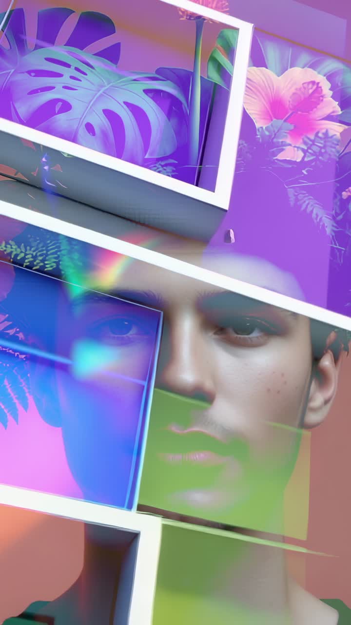 Vertical video: Floating grid sliding floral tiles over gradient, revealing 3D face refractions