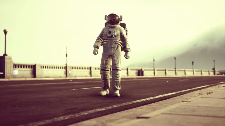 astronaut in space suit on the road bridge