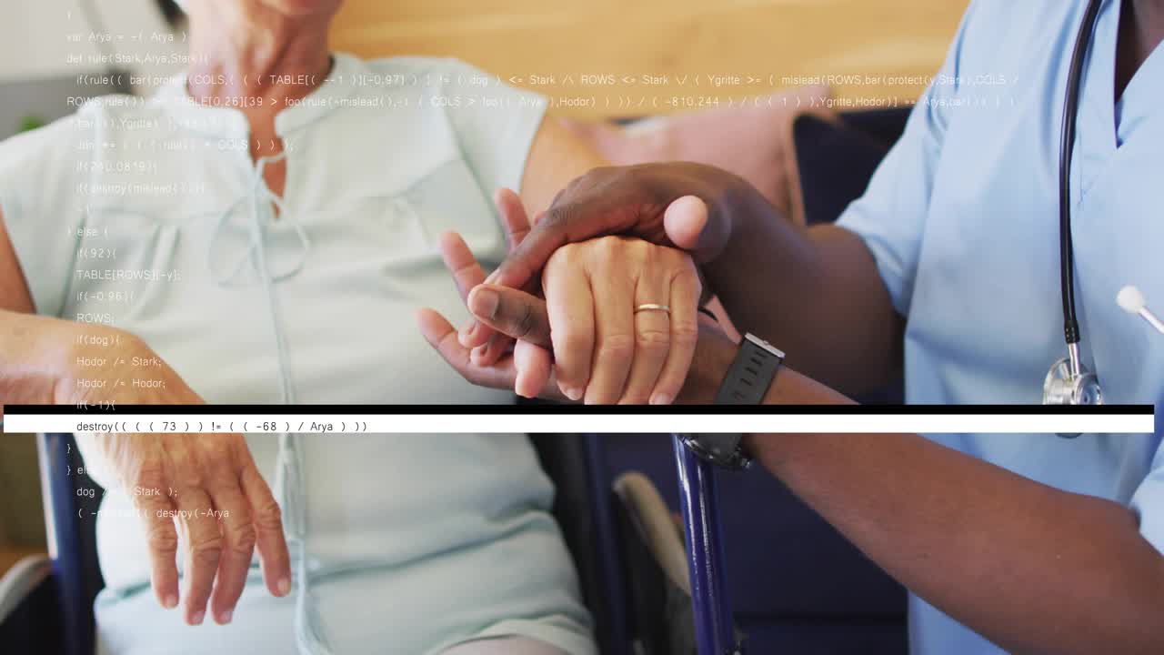 Male nurse with stethoscope guiding wrist exercise for patient in lounge with animated graphics