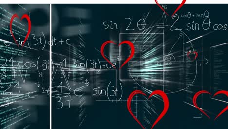 animation of hearts floating over math formulas on black background