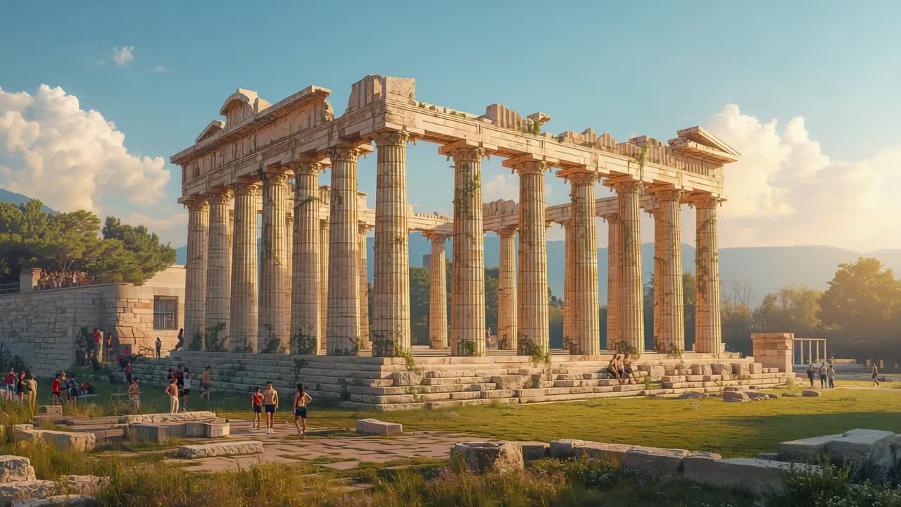 Visitatori occasionali che passeggiano notano le antiche rovine del tempio, si avvicinano ai gradini e filmano le colonne