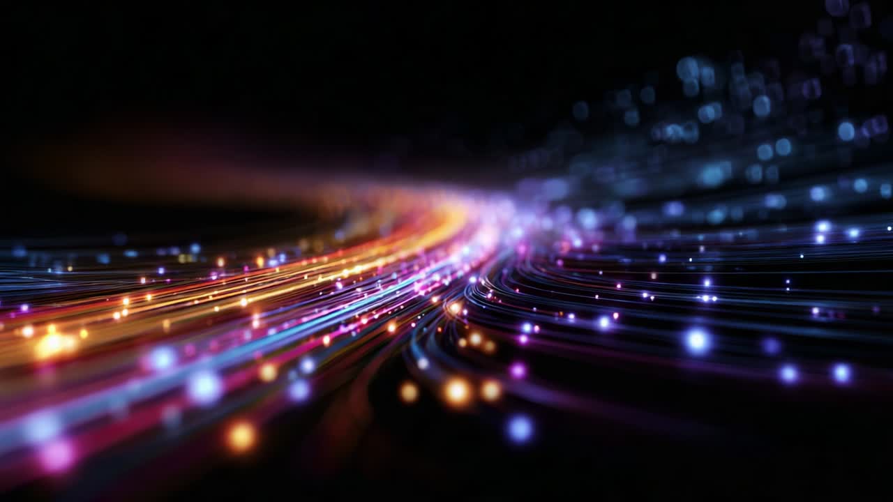 An Abstract Visualization of Light Waves and Colorful Patterns Flowing Smoothly in a Dark Background, Creating a Dreamlike Effect with Vibrant Twinkling Lights and Soft Glows Moving Gracefully Along a Fluid Path