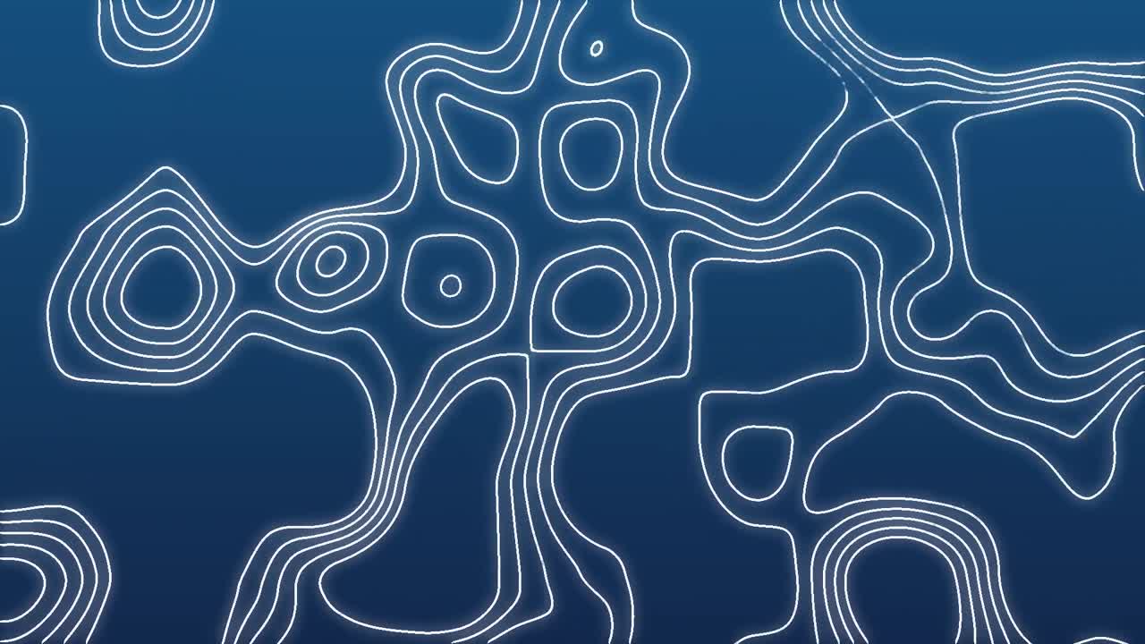 animación de líneas delgadas blancas en movimiento en un mapa topográfico digital sobre fondo azul