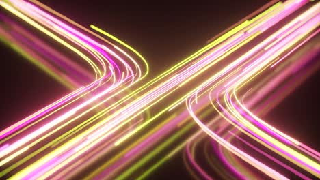 yellow and purple neon stream. high tech abstract curve background. striped creative texture. information transfer in a cyberspace. rays of light in motion. seamless loop 3d render.