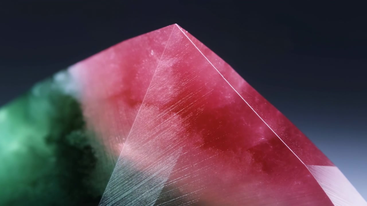 Macro motion view of polished pink crystal apex showing subtle visible changes as specular highlights intensify and fine surface scratches plus fibrous internal inclusions become more pronounced