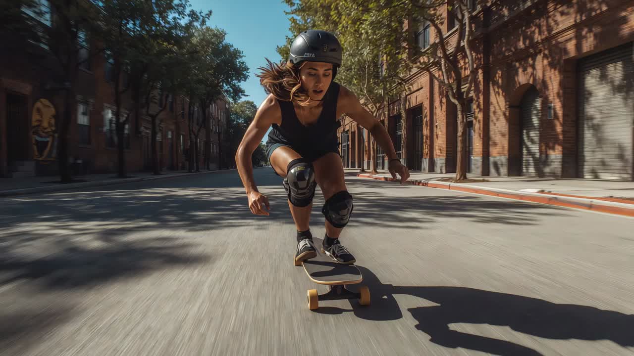Pushing, helmeted skater gaining speed, carving city street, balancing on longboard yellow wheels