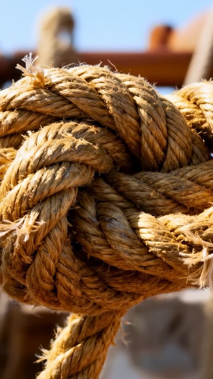 Video verticale: la camera si allontana rivelando un nodo di corda spessa in fibra naturale sul molo, con le fibre in movimento