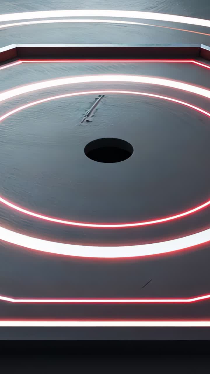 Vertical video: After power-on, displaying concentric neon rings around central opening on platform