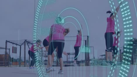animación del procesamiento de datos sobre mujeres diversas en ejercicios de carrera de obstáculos